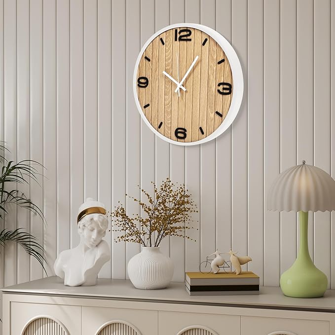 12 Inches Wooden Analog Wall Clock Battery Operated, Modern Silent Non-Ticking Decorative White Clocks for Office, Living Room, Bathroom, Kitchen, Bedroom