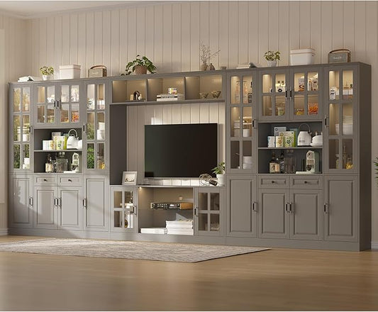 MEISSALIVVE 4-Piece Wall Unit TV Stand with Storage & LED Lights for TVs up to 75", Modern Entertainment Center with Bookshelves & 8-Door Pantry Cabinet, Gray