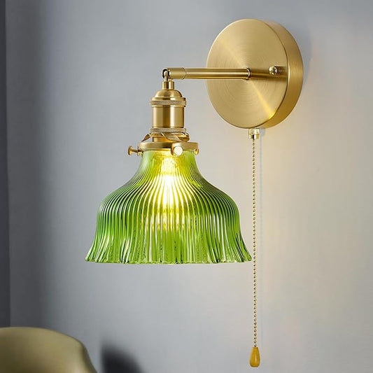 Vintage Wall Sconce 1 Pack, Flower Green Glass Shade Gold Wall Lamp with 12.6 Inch Cable Switch, Modern Bathroom Wall Sconces for Bedroom Corner Hallway