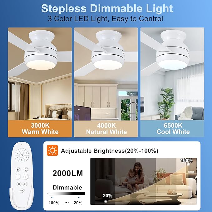 42 Inch Ceiling Fans with Lights and Remote, White Low Profile Ceiling Fan with Light, Flush Mount, Reversible, 6 Speeds, 3CCT Dimmable, Bedroom Indoor/Outdoor Patios Use