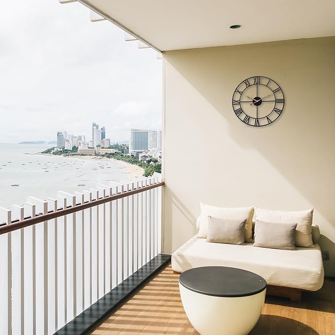 Large 14 Inch Outdoor Wall Clock, Black Metal Modern Minimalist Battery Operated Silent Clock for Patio, Pool, Garden, Living Room, Kitchen, Office, Bedroom Decor with Easy to Read Roman Numbers