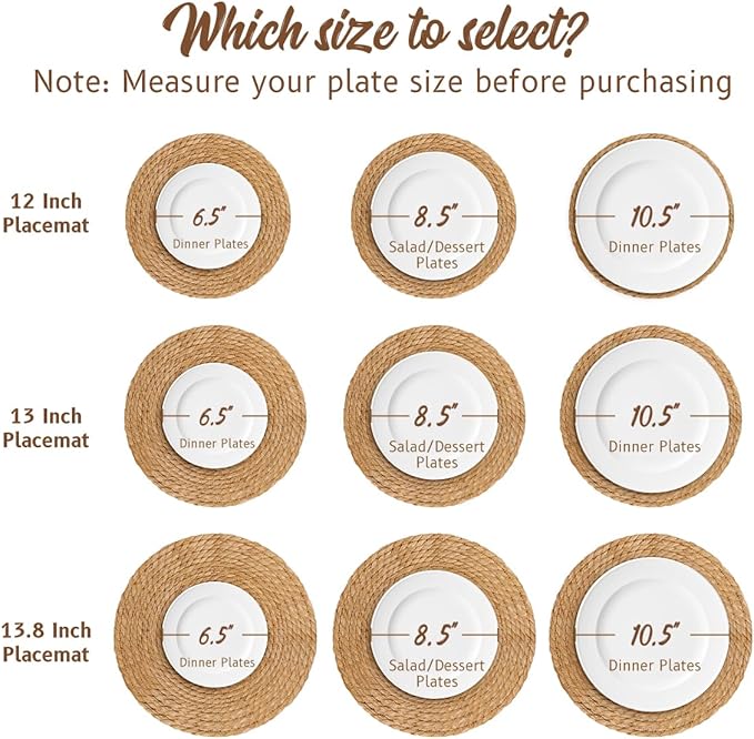 13 in Round Woven Plate Chargers Set of 6, Boho Farmhouse Rustic Woven Placemats for Dining Table Decor, Rattan Wicker Table Mats Chargers for Dinner Plates Jute Braided Place Mats