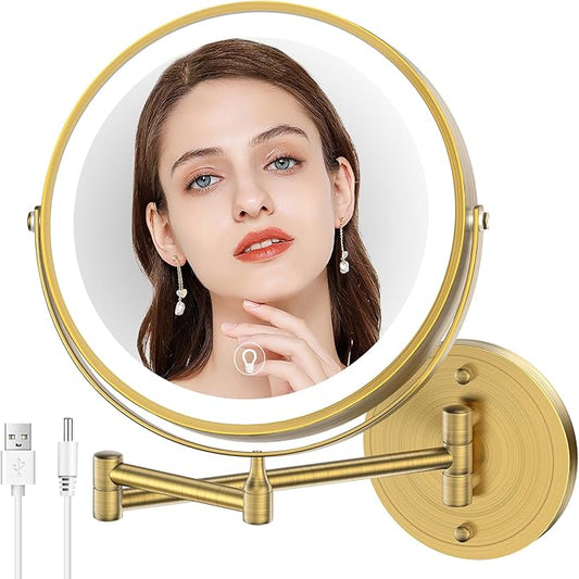 Wall Mounted Lighted Makeup Mirror,8" Rechargeable Double-Sided Light up Magnifying Mirror 1x/10x,3 Color Led Vanity Mirror with Lights,Touch Dimmable 360° Rotation-Antique Bronze