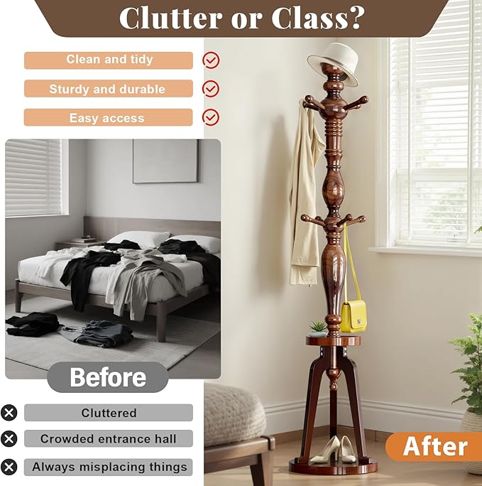 Coat Rack with 8 Hooks, Hall Tree Freestanding with Tray, Wood Coat Tree Heavy Duty with Round Base, Standing Coat Rack, Load Capacity 220 lb, Coat Hanger Stand for Entryway Hallway Office (020-HTS)