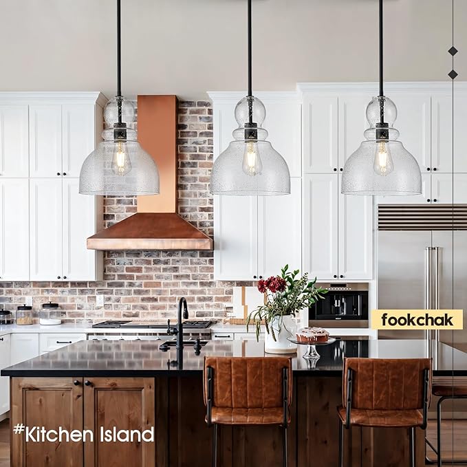 10" Seeded Glass Pendant Lights Kitchen Island Black Pendant Ceiling Light with Hand-Blown Clear Glass Over Dining Table Kitchen Sink Entryway Hallway, E26