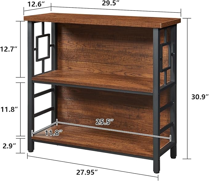 HOMISSUE Book Shelf, 3 Tier Small Bookshelf with Storage, Engineered Wood and Metal Shelf Bookcase, Low Short Bookcases for Small Space, Living Room, Bedroom, Office, Rustic Brown