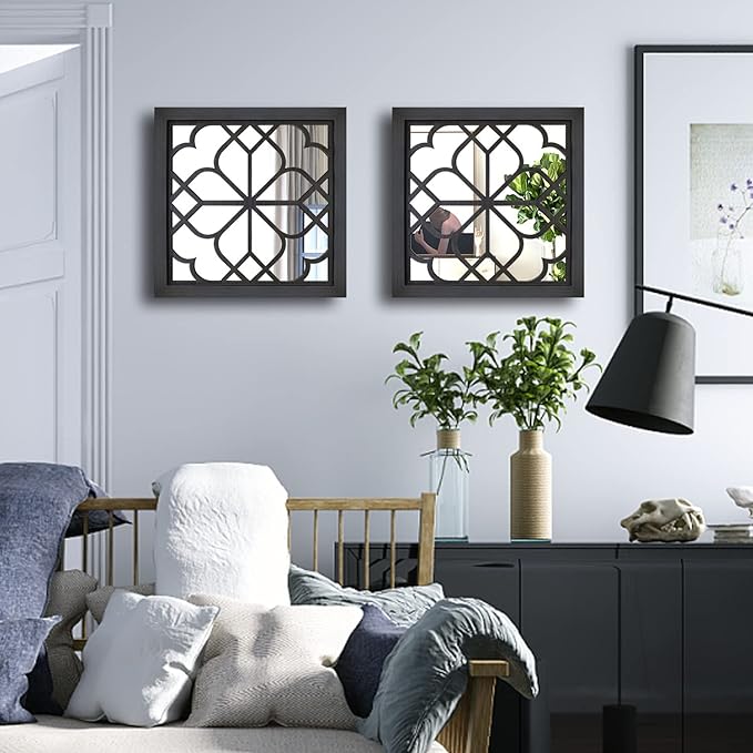 Wocred 2 PCS Square Wall Mirror,Gorgeous Rustic Farmhouse Accent Mirror,Black Entry Mirror for Bathroom Renovation,Bedrooms,Living Rooms and More(12”x12”)