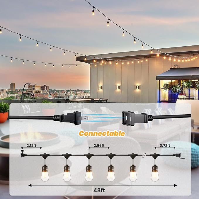 Svater 192 FT Outdoor String Lights 2W, Patio Light for Outside with 64 Antique S14 Plastic LED Bulbs, IP65 Waterproof Hanging Cafe Market Lighting, ETL-Listed Dimmable Warm White (48 FT x 4)