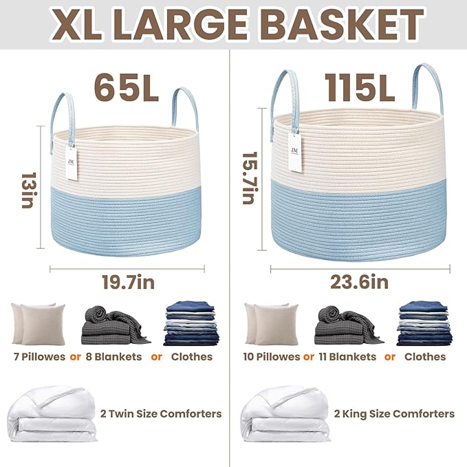 Woven Blanket Basket,115L Large Rope Storage Bin with Handles, Organizer for Blankets Toys Book and Clothes, Laundry Basket for Living Room Bedroom Nursery,White&amp;Blue