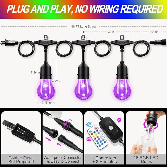 48FT Outdoor RGB String Lights, 16 Shatterproof Edison Bulbs, Dimmable Color Changing Patio Lights with Remote Control. Perfect for Bistro Commercial LED Decorative Lighting