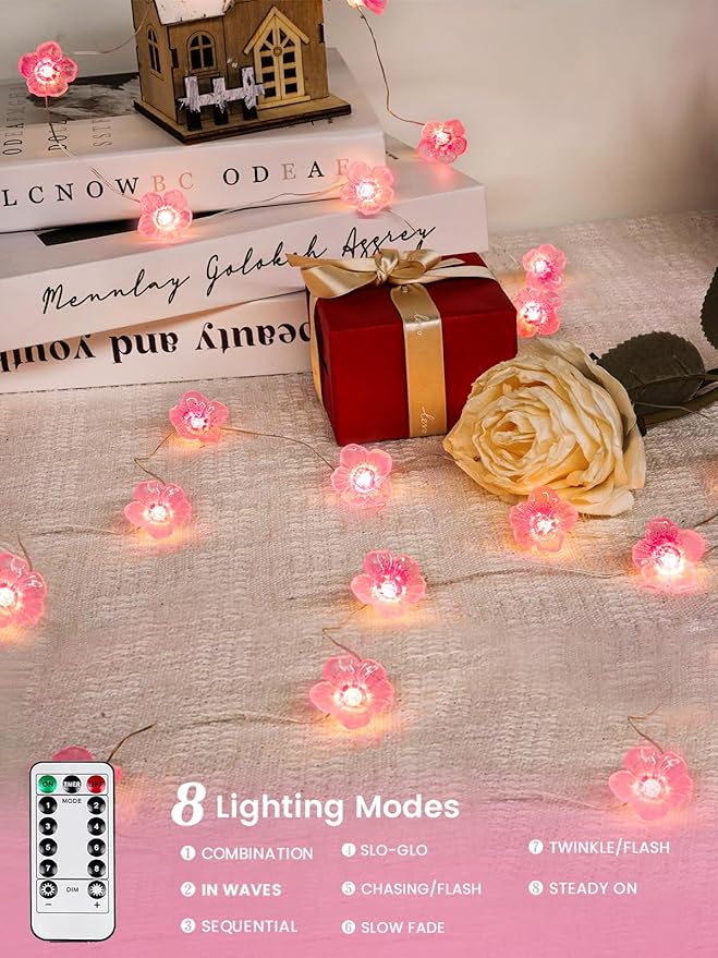 Cherry Blossom Flower String Lights for Bedroom, Pink Fairy Lights Battery Operated with Remote &amp; 8 Modes &amp; Timer, 10ft 30 LED Waterproof String Light Indoor Outdoor for Wedding Home Christmas Decor