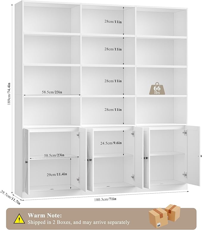 75" Triple Wide Bookshelf, White Bookshelf and Bookcase with 6 Farmhouse Doors, 71" Wide 6 Tier Book Shelf with 18 Storage Shelves, Large Wooden Bookshelf, Tall Bookcase for Office, White