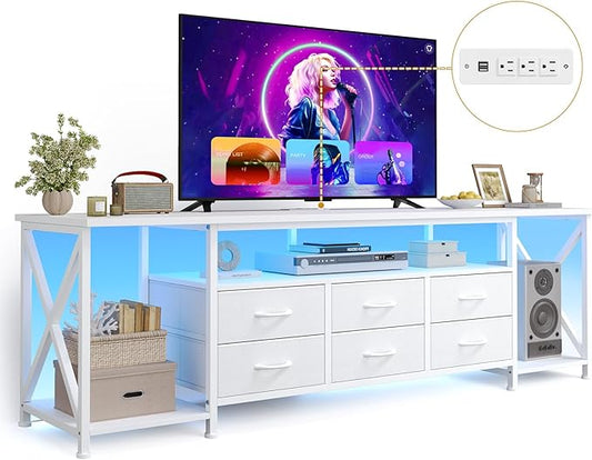 BTHFST TV Stand with LED Lights & Power Outlets, for TVs up to 80 Inches, 6 Fabric Drawers Entertainment Center with Open Storage Shelves, 63" TV Media Console Table for Living Room, Bedroom, White