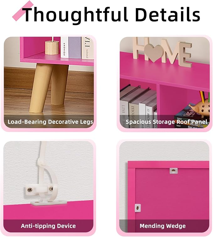 LEYAOYAO 10 Cube Bookshelf,3 Tier Modern Wide Bookcase with Legs,Mid-Century Wood Bookshelfs Storage，Pink Large Book Case,Freestanding Organizer Display Shelf for Bedroom,Living Room,Office