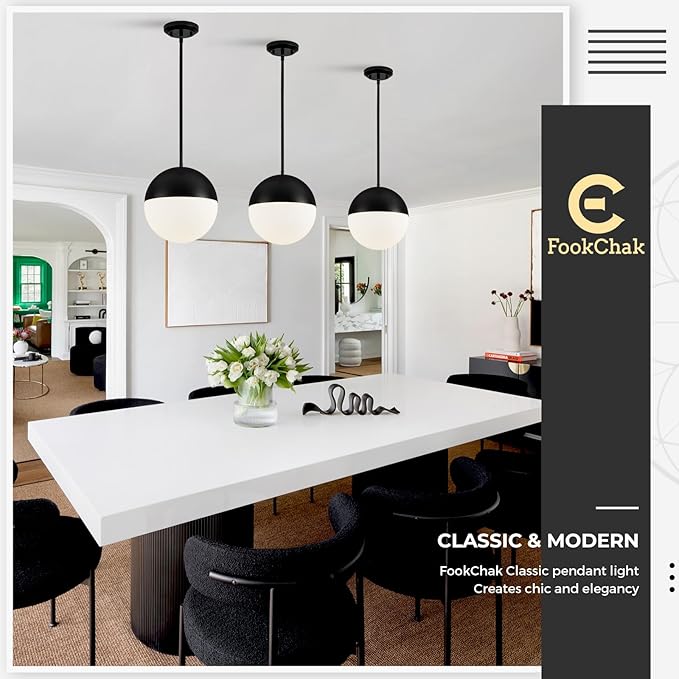 10in Globe Pendant Light Black Large Glass Kitchen Island Pendant Light Fixtures Mid Century Modern Frosted Glass Hanging Light Milky White Ball Pendant Lights for Kitchen Sink Dining Bedroom Entry