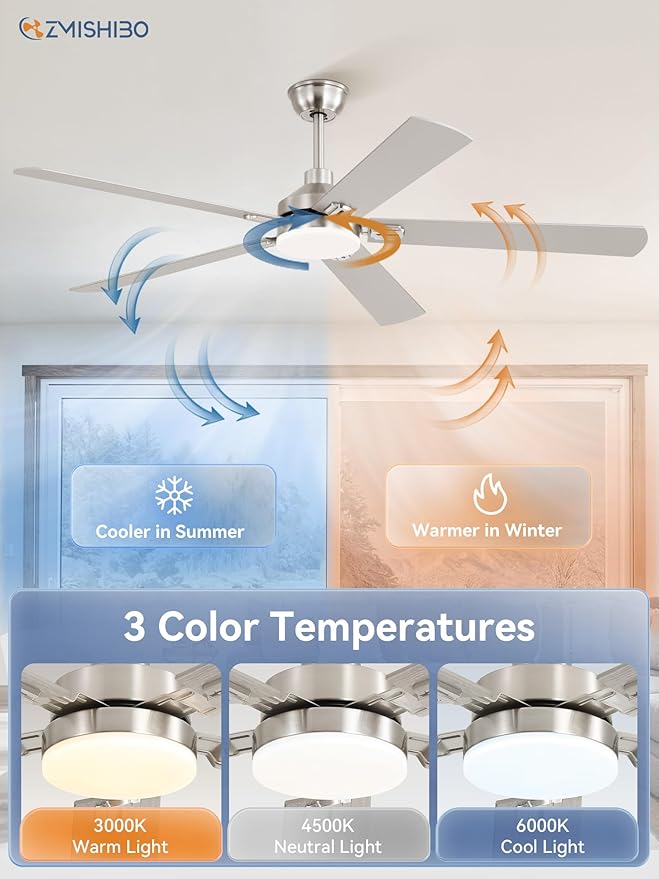 ZMISHIBO 60" Ceiling Fans with Lights, Nickel Modern Ceiling Fan with Remote, Bedroom Indoor Ceiling Fan with Dual Finish Blades, Quiet & Strong Motor, Bright LED Light