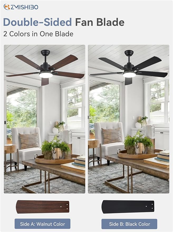 ZMISHIBO 2 Pack 52" Ceiling Fans with Lights, Black Modern Ceiling Fan with Remote, Farmhouse Indoor Ceiling Fan with Dual Finish Blades, Quiet & Strong Motor, Bright LED Light.