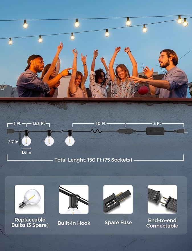 XMCOSY+ Smart Outdoor String Lights, 150Ft G40 Globe Patio Lights with 75 LED Bulbs, WiFi &amp; APP Control, Work with Alexa, Extendable Waterproof Dimmable LED String Lights for Outside, Porch, Cafe