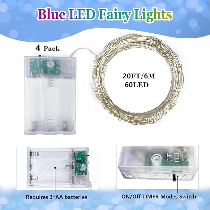 4 Pack 20FT 60LED Battery Operated Fairy Lights with Timer, Waterproof Battery String Lights Outdoor Indoor, Battery Twinkle Light for Bedroom Wedding Birthday Party Chirstmas (Blue)