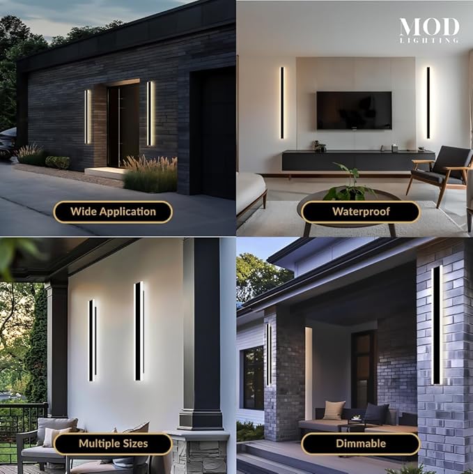 𝗠𝗢𝗗 𝗟𝗜𝗚𝗛𝗧𝗜𝗡𝗚 Haylen | Waterproof Outdoor Wall Light, LED Dimmable with Remote 3000K-6000K, Long Outdoor Porch Lights, Wired Lighting Fixture, Patio Exterior Wall Sconce, 2-Pack (Black, 31")