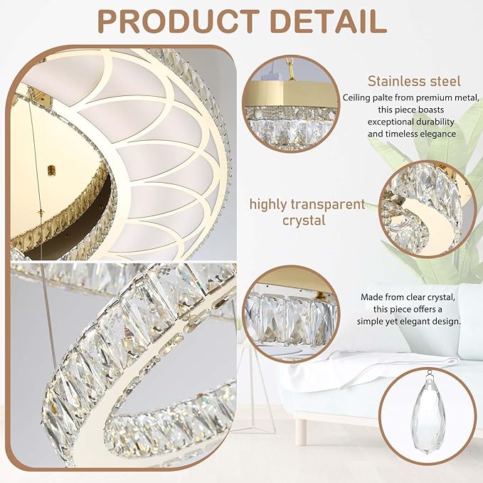 Flashing God Dia 12" Crystal Mini Chandelier Crystal Gold Ceiling Light Fixtures LED Flush Mount Ceiling Light for Living Room Bedrooms Dining Room Dimmable 2700k 4500k 6000k