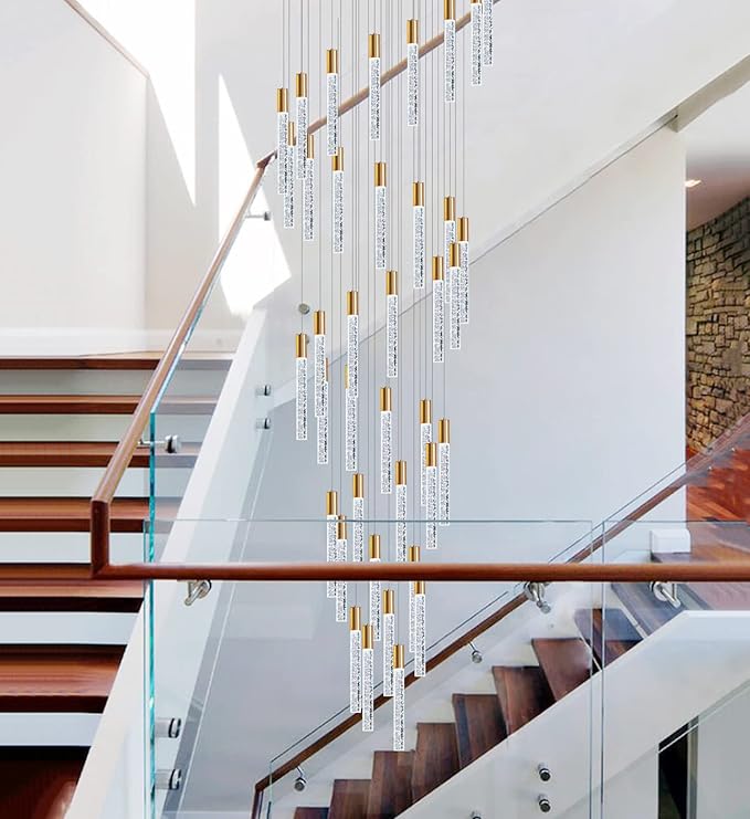 16 Foot Chandeliers for Living Room Entryway High Ceiling Light Fixtures Sloped Flush Mount Ceiling Pendant Lighting Dimmable Chandelier with Remote LED Crystal Pendants Lighting Gold Light