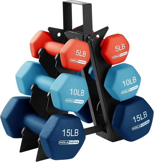 HolaHatha Neoprene Dumbbell Weights Set with Rack, Home Gym Equipment, 60 Lbs, Blue/Red - Portable Weighted Exercise Dumbbells for Fitness, Training, and Lifting Workouts