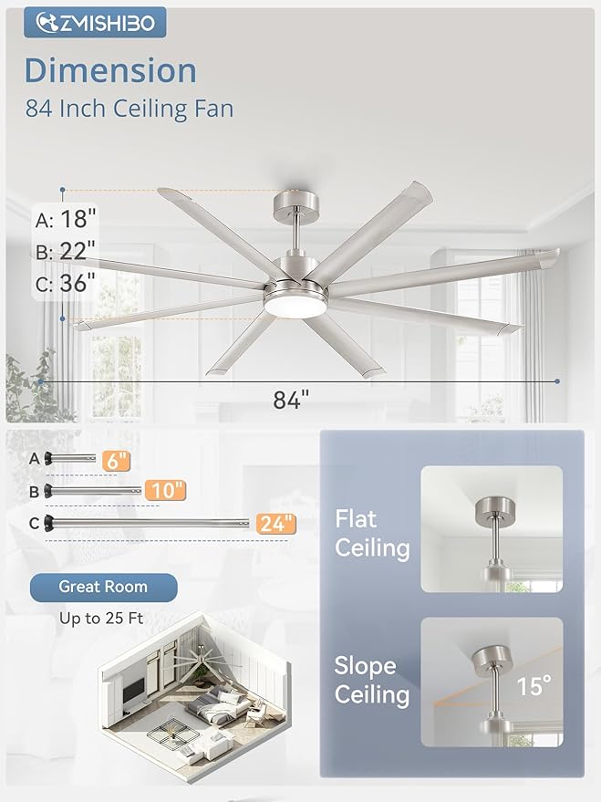 ZMISHIBO 84 Inch Ceiling Fans with Lights, Indoor/Outdoor Industrial Ceiling Fan with 8 Aluminum Reversible Blade, Quiet DC Motor, 3CCT & 6-Speed Remote Control, Damp Rated for Living Room/Garage/Shop