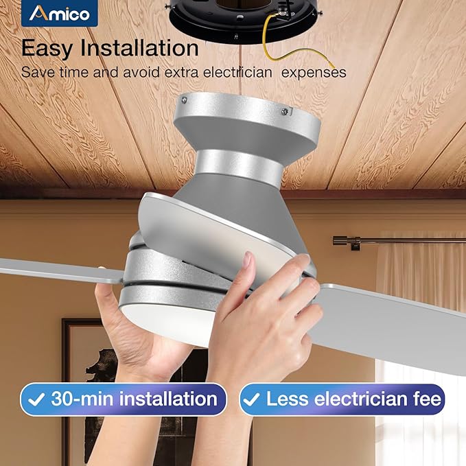 Amico Ceiling Fans with Lights, 30 Inch Low Profile Ceiling Fan with Light and Remote Control, Flush Mount, Reversible, 3CCT, Dimmable, Noiseless, Silver Ceiling Fan for Bedroom, Indoor/Outdoor Use