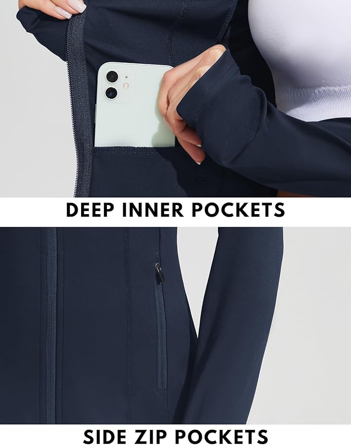 PINSPARK Women's Athletic Jackets Slim Fit Workout Jacket Full Zip Up Running Gym Yoga Sports Tops with Pockets
