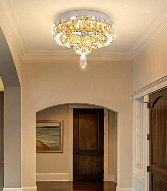 12'' Modern Crystal Chandelier LED Dimmable Flush Mount Ceiling Light Pendant Light for Hallway Living Room Bedroom Dining Room Foyer Silver