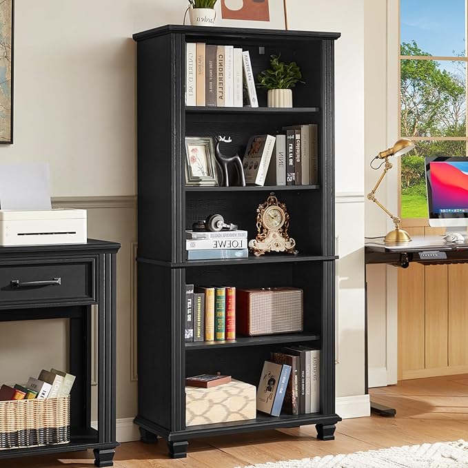 70" Tall Black Bookshelf,5 Tier Wooden Book Shelf with Adjustable Shelves &amp; Wood Legs,Free Standing Farmhouse Bookcase with Open Display Storage,Vintage Bookshelfs for Living Room, 3PCS