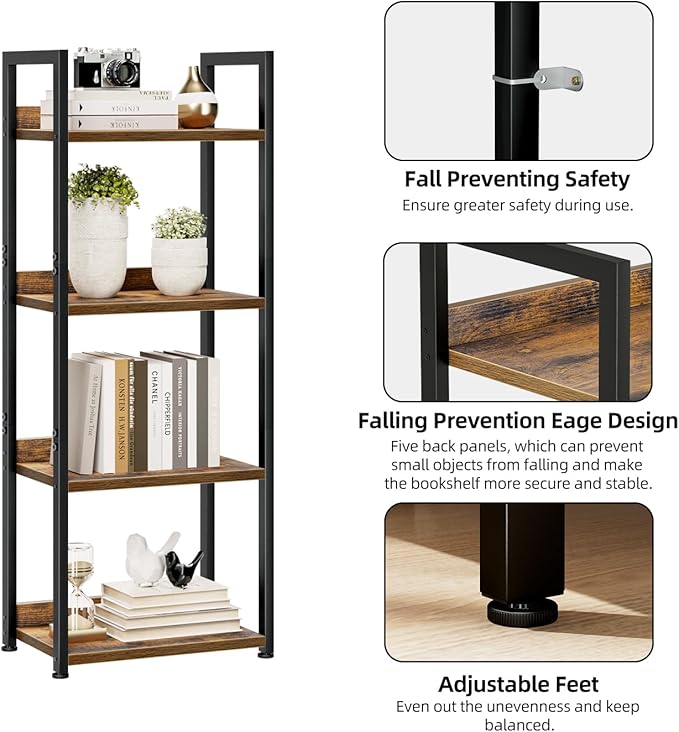 NUMENN Narrow Bookshelf, 4 Tier Bookshelfs, Home Office Bookcase Shelf Storage Organizer, Free Standing Storage Shelving Unit for Bedroom, Living Room and Home Office, Vintage