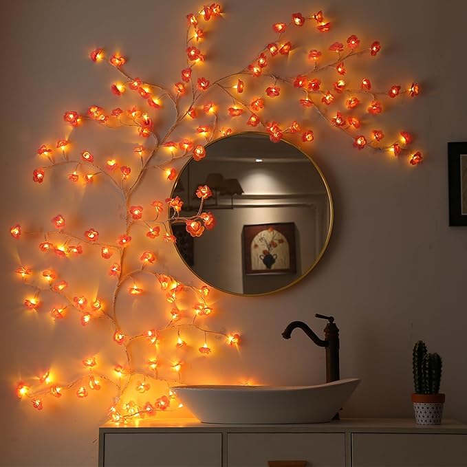 Cherry Blossom Lights with Remote, 7.5 Ft 144 Flowers Enchanted Willow Vine Lights, 18 Branches 144 LEDs Lighted Willow Vine Tree Lights for Walls Bedroom Home Room Decor, White Branch