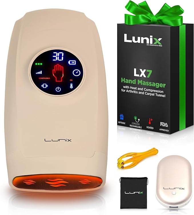 Lunix LX7 Touchscreen Electric Hand Massager with Compression and Heat, Pressure Point Therapy for Arthritis, Pain Relief, and Carpal Tunnel, Shiatsu Massage Machine, with Hand Warmer, Beige