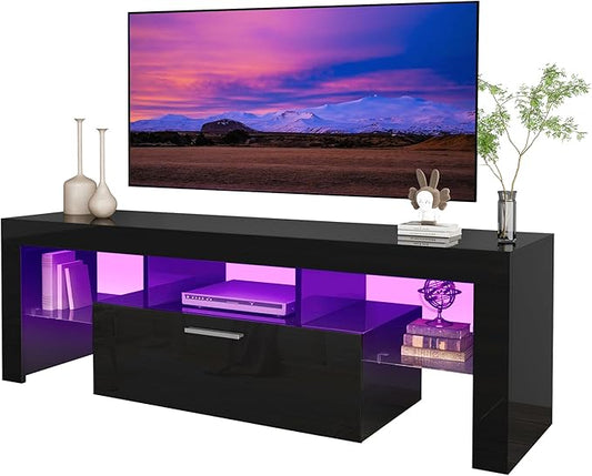 51 Inch Black Modern High Gloss LED TV Stand with Storage for 45 50 55 inch TV, Gaming Entertainment Center with Storage Drawer and Glass Shelf, TV Console Table for Living Room,Bedroom