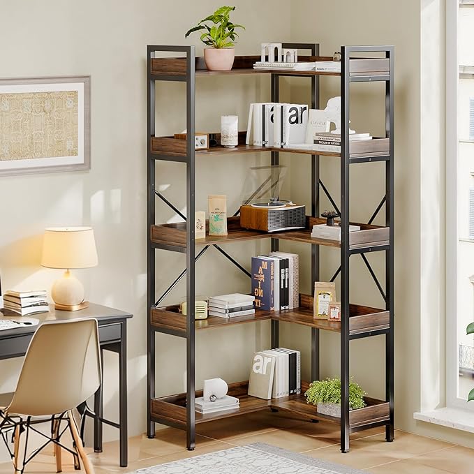 5-Tier Corner Bookshelf - Modern Tall Corner Bookcase with Sturdy Metal Frame, Large Storage L Shaped Bookshelf for Living Room/Home Office/Bedroom, Space-Saving Design, Rustic Brown
