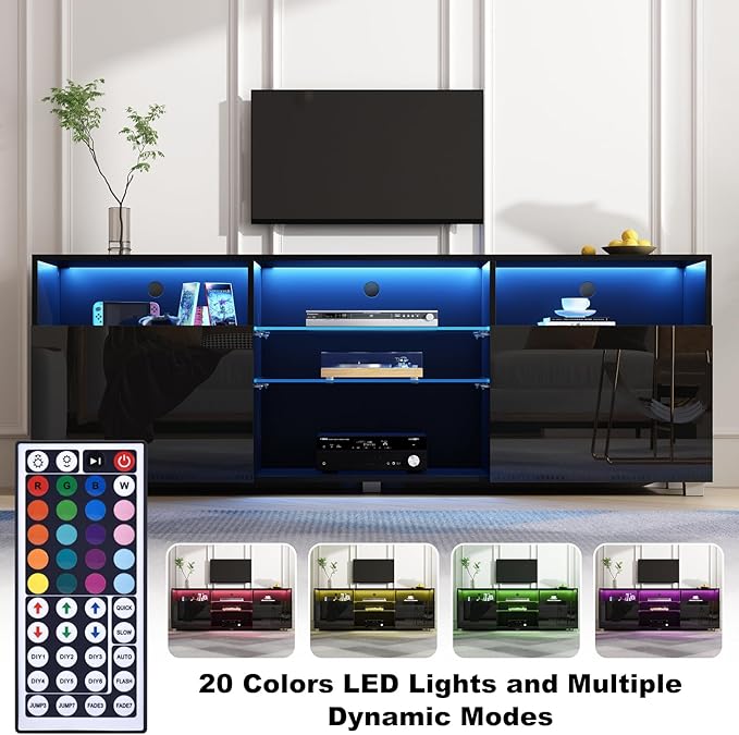 St.Mandyu LED TV Stand for 65/75 inch TV, Modern Television Table Center Media Console with Drawer and Led Lights, High Glossy Entertainment Center for Living Game Room Bedroom(Black)¡