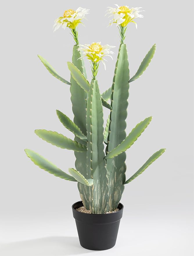 33 Inch Large Artificial Cactus with Lilly White Flowers in Pot with Natural Gravel. Satin Finish Leaves with Real Look and Feel. Outdoor and Indoor Faux Plants.