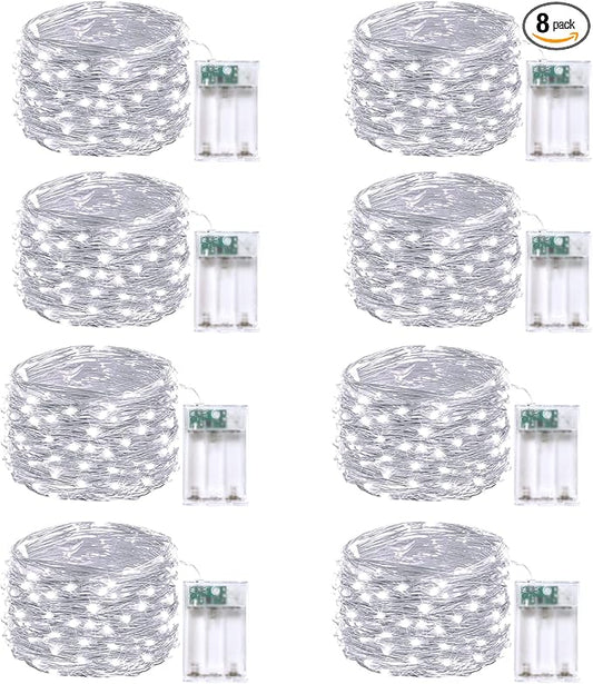 8-Pack Fairy Lights Battery Operated with Remote & Timer & 8 Modes, Waterproof 16 FT 50 LED String Lights Outdoor Indoor, Battery Twinkle Lights for Christmas Bedroom Centerpiece Décor (Cool White)