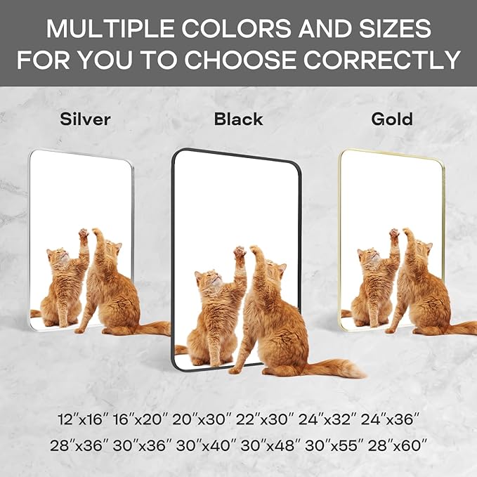 Wall Mount Mirror for Bathroom, Brush Silver Metal Framed Rounded Corner Square Rectangular Vanity Mirror (30" x 30", Silver)