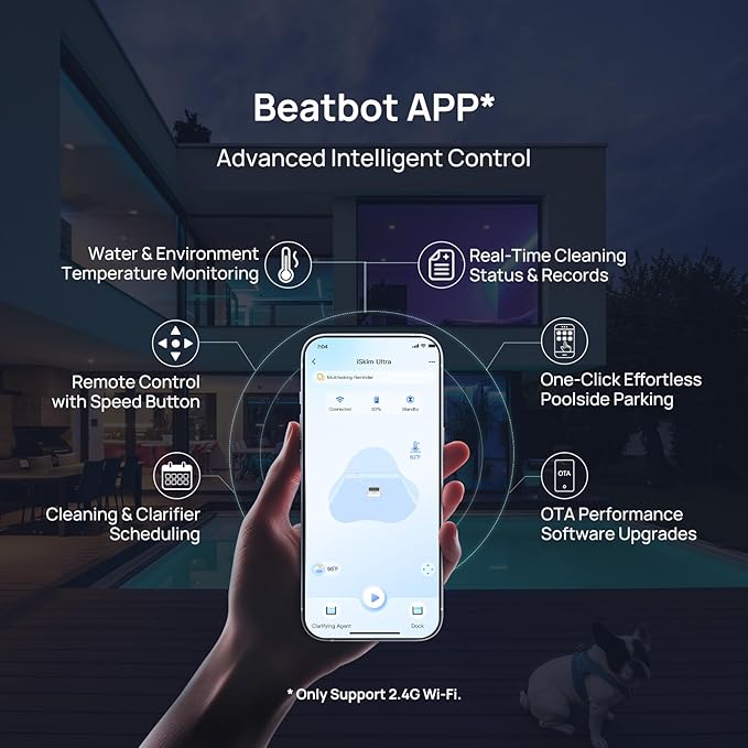 (2025 Upgrade) Beatbot iSkim Ultra 24/7 Cleaning Solar Powered Pool Skimmer with Water Clarification System & APP Control, Voice Broadcast, Dual Charging Options, Edge & Corner Cleaning, Blue