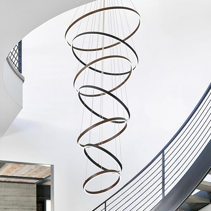 7 Ring LED Chandelier Black Walnut Wood Chandelier Large Dimmable Circular Chandeliers Light High Ceiling Round Chandeliers for Foyer Staircase Living Room 31in