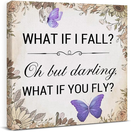 VAHATAN Inspirational Canvas Wall Decor, Motivational Purple Butterfly Picture Framed Posters, What if I Fall Positive Quote Wall Art Sign Painting Art Work for Teen Girl Bedroom Office, 8 x 8 Inches
