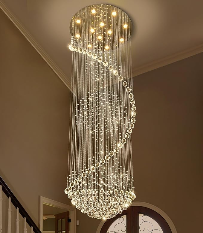98'' Crystal Chandelier High Ceiling Chandeliers for Staircaes Large Raindrop Chandeliers LED Dimmable Flush Mount Light Fixtures for Foyer Hallway Entryway LED Bulbs Included Gold