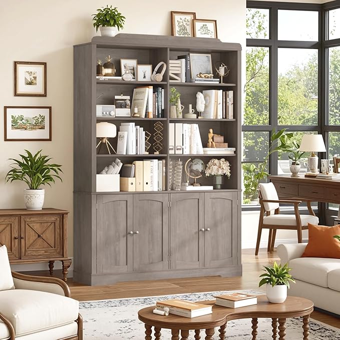 73.1" Tall Bookcase and Bookshelf, Wide Bookshelf with Doors and Adjustable Shelves, 6 Tier Large Bookshelf with Storage, Tall Storage Cabinet for Living Room, Home Office, Wash Gray