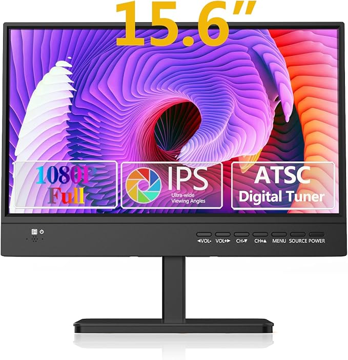 15.6 inch Small TV,Flat FHD IPS 1080P Screen TV with Antenna and Digital ATSC Tuner,HDMI/USB/VGA/Port,12 Volt Car Charger Cable/AC Power for Kitchen and Caravan(Non Smart TV)