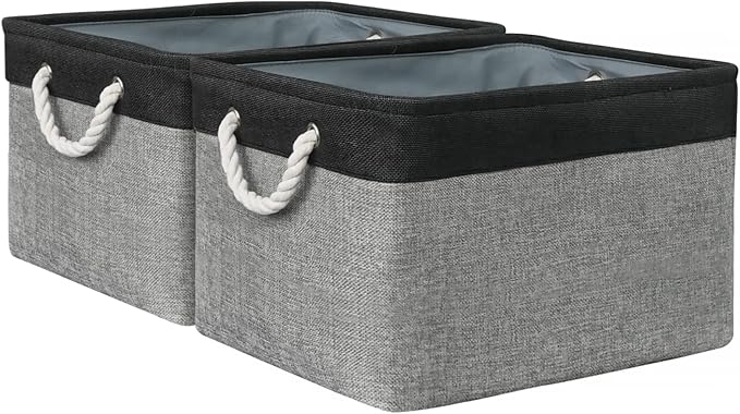 Organization and Storage Bins for Shelves - 17X15X12 inch 2 Pack Foldable Baskets for Organizing, Fabric Storage Cubes with Rope, Storage Box for Decorative Cloth (Black &amp; Grey)