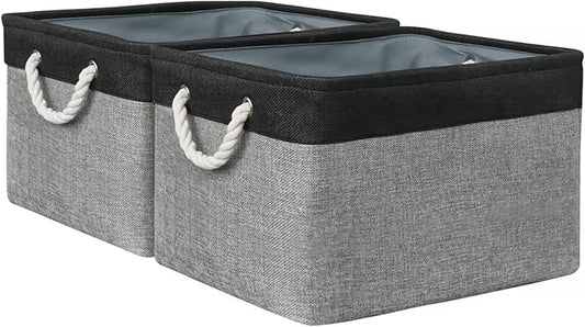 Organization and Storage Bins for Shelves - 17X15X12 inch 2 Pack Foldable Baskets for Organizing, Fabric Storage Cubes with Rope, Storage Box for Decorative Cloth (Black &amp; Grey)