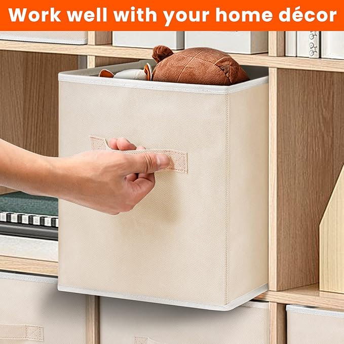 Criusia Large Storage Cubes - 13 Inch Heavy Duty Fabric Storage Bins for Shelves Closet, Cube Organizer - 8 Pack Collapsible Cube Storage Bins Baskets for Organizing Clothes Blankets Toys (Beige)